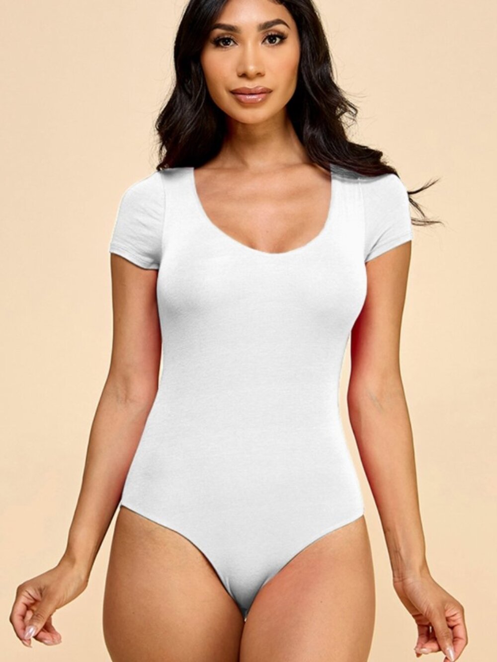 Short Sleeve V Neck Double Layered Bodysuit- White